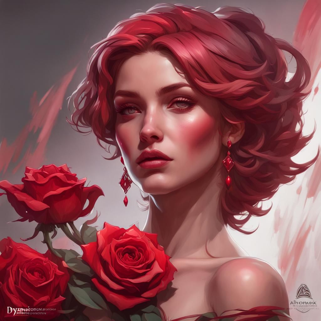 Crimson Rose Portrait in Hyperdetailed Style