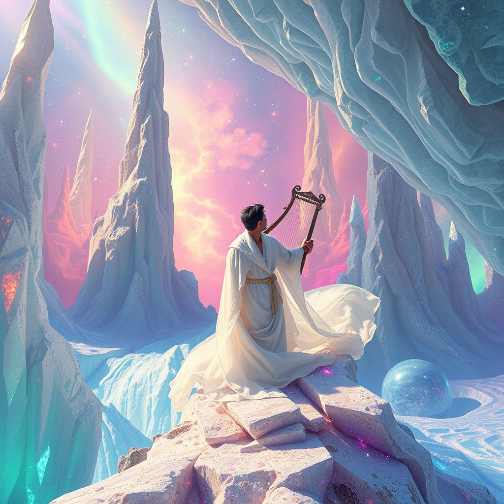 Ethereal Lyre Player in Surreal Landscape