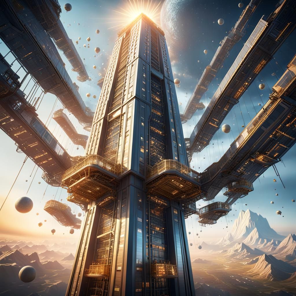 Gigantic Space Elevator in Mackintosh Style, 3D Render