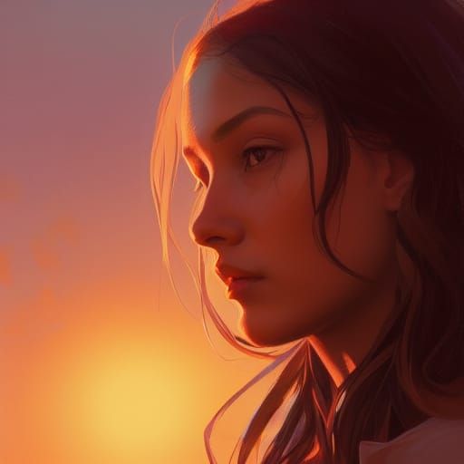Sunset Girl Portrait in Hyperdetailed Splash Art Style