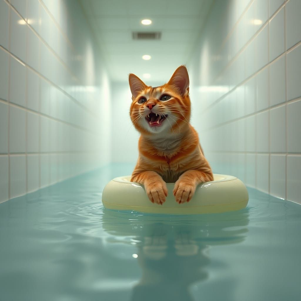 Cat Rides Rubber Ring in Flooded Hallway