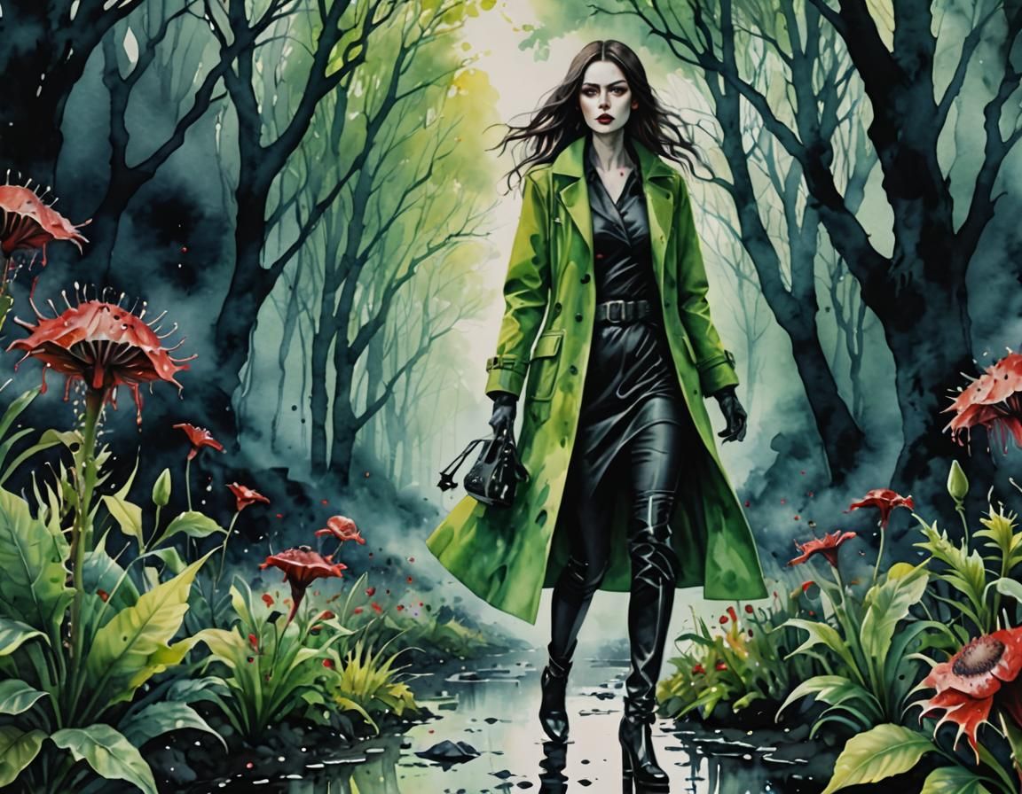 Hyperrealistic Woman Running in a Dark Fantasy Landscape