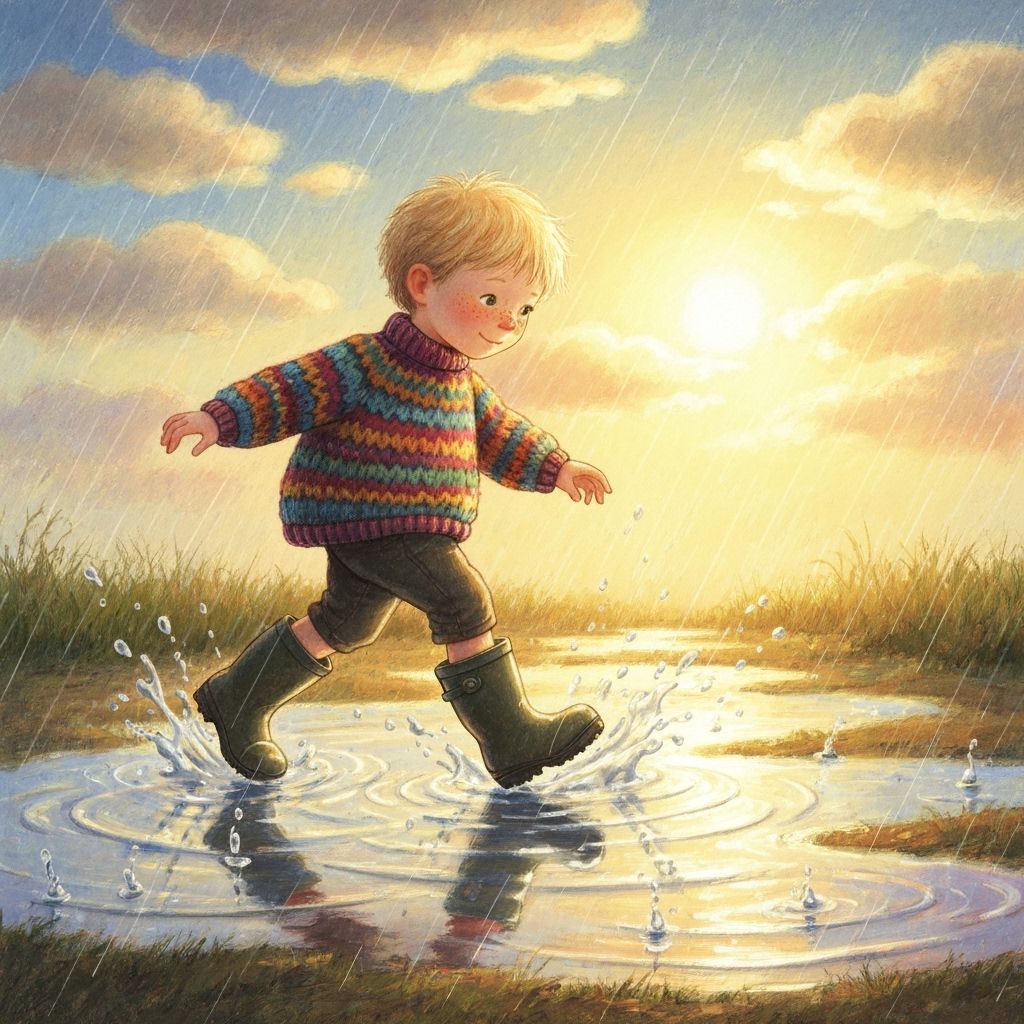 Child Splashing in Golden Light, Whimsical Style