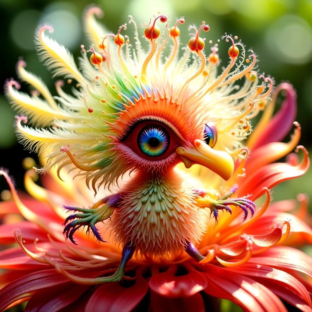 Rainbow Duckling in Intricate Flower Garden, Digital Art