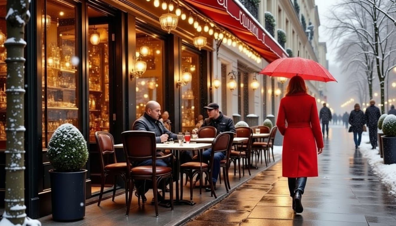 Paris Cafe Evening Snowfall Scene