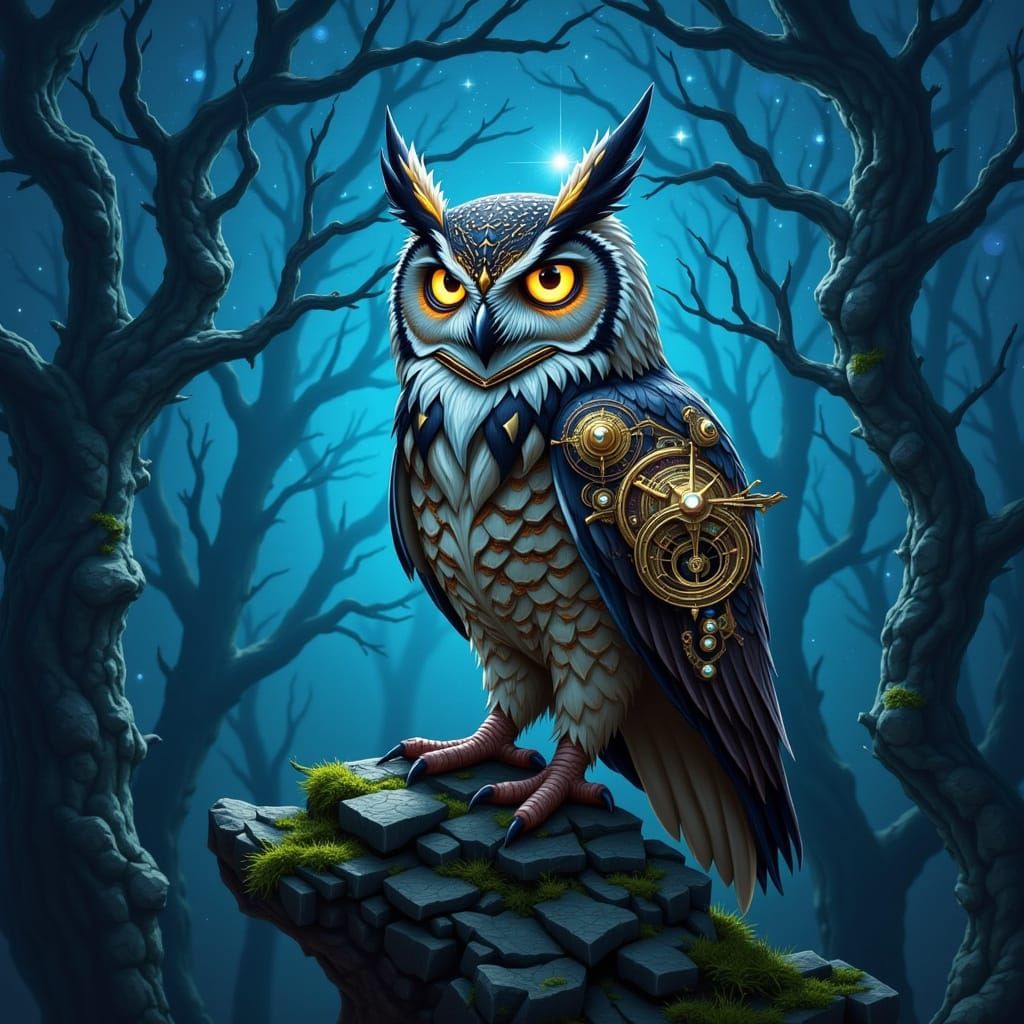 Clockwork Owl Perched on Ancient Ruins in Twilight Forest