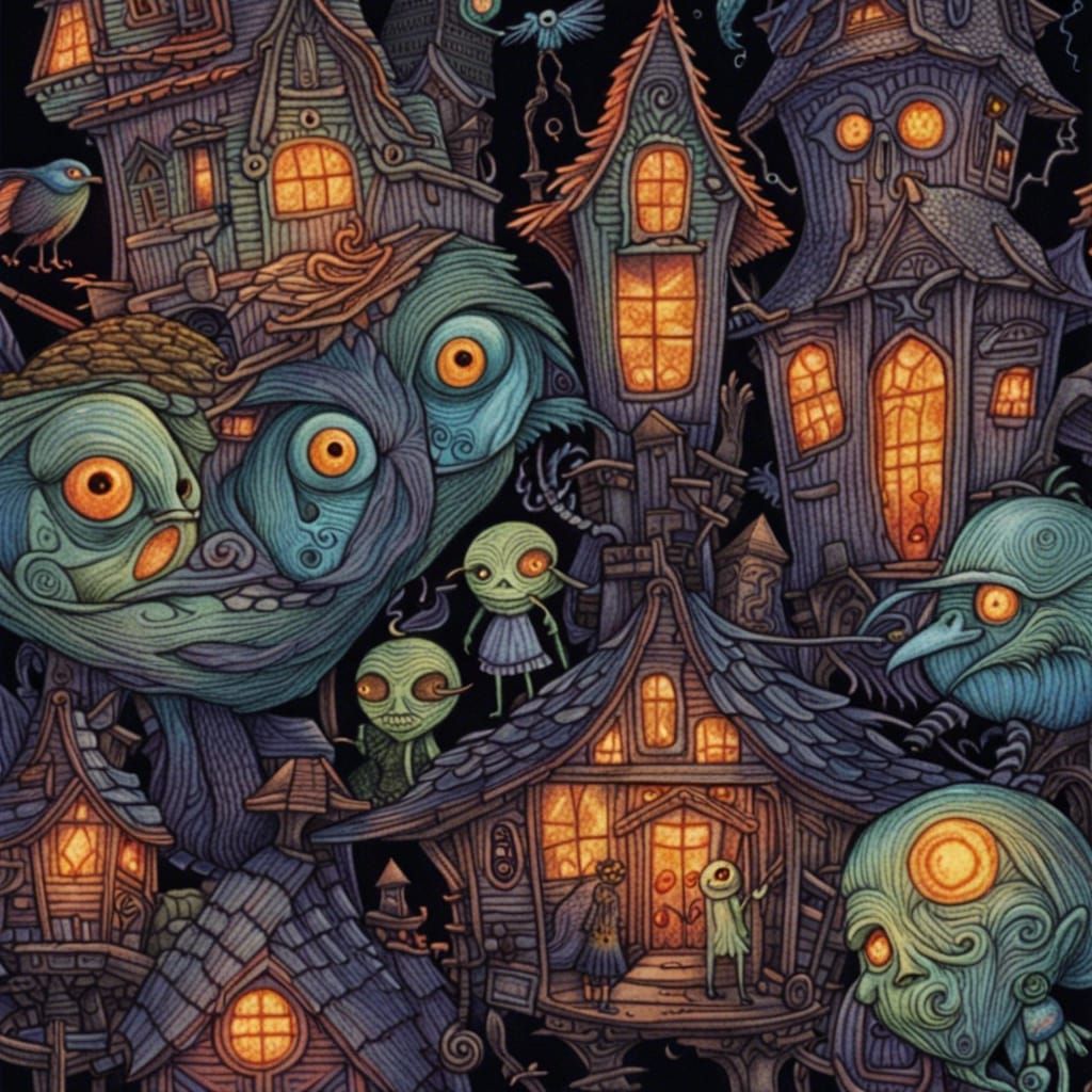Spooky Village with Witch, Raven, and Zombie