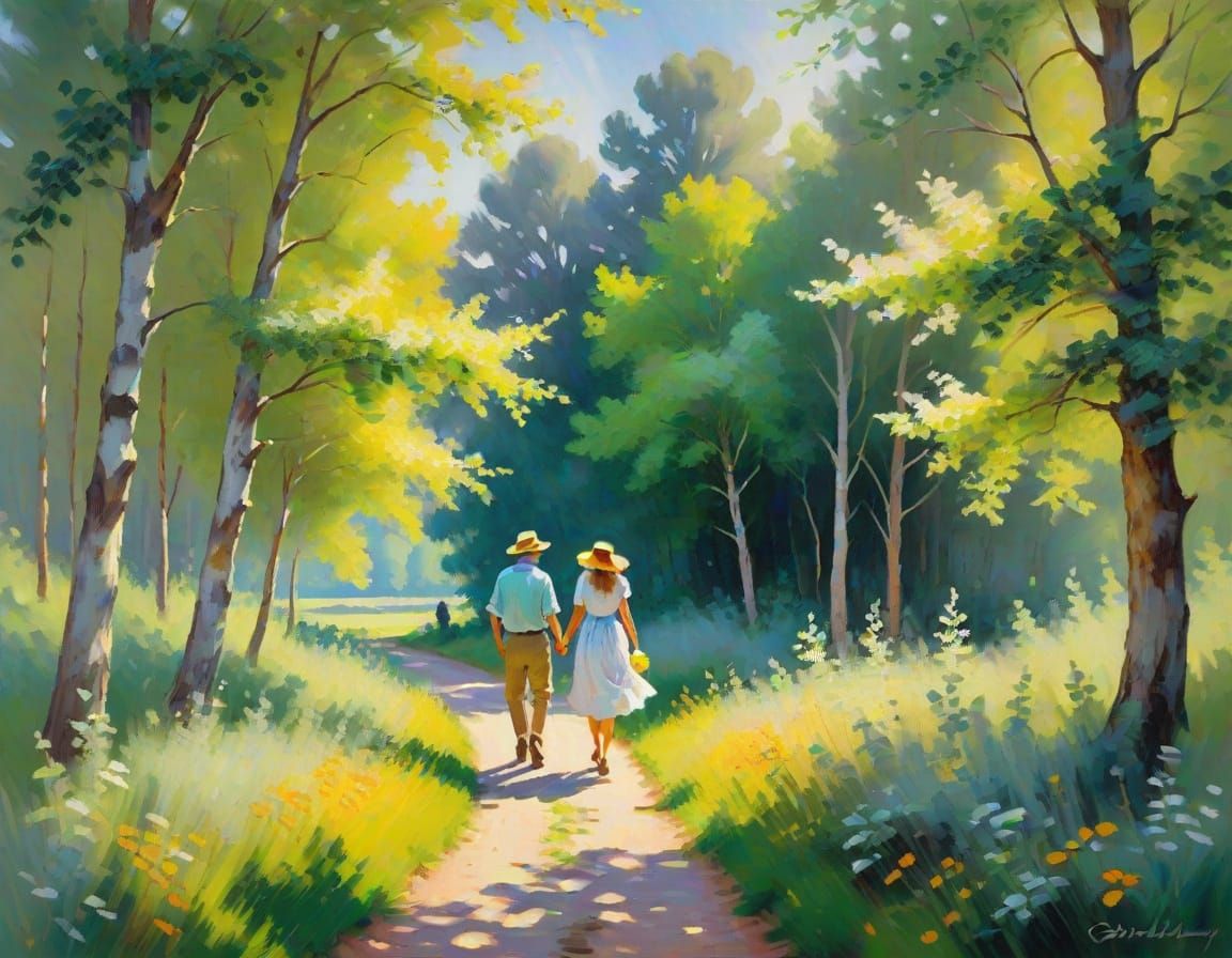 Impressionist Lovers in Sun-Dappled Forest