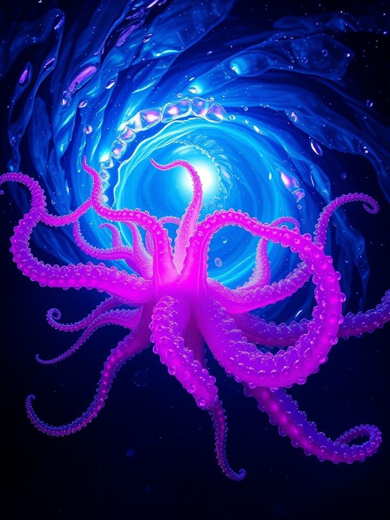 Bioluminescent Tentacles Swirl in Dark Ocean Depths