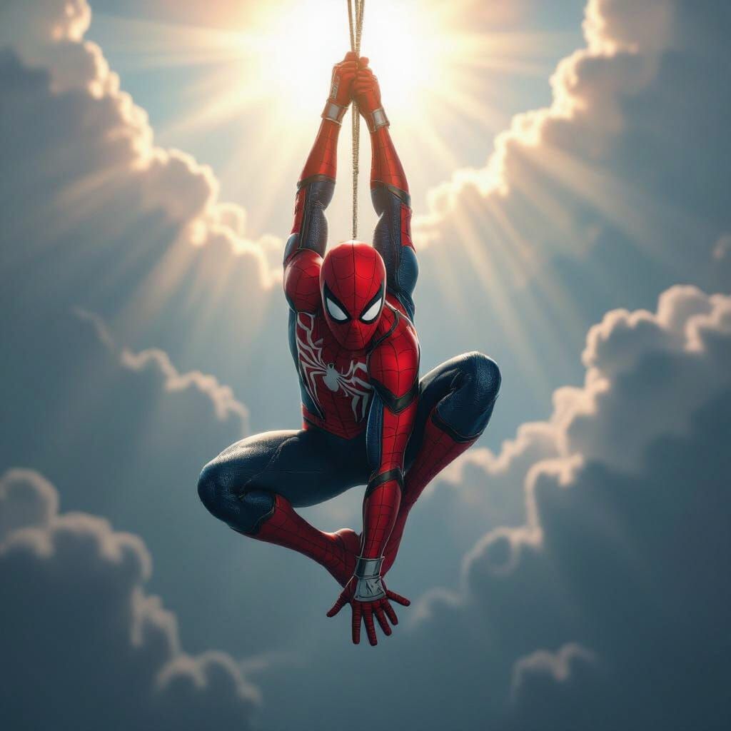 Spiderman in Divine Light, Cinematic Superhero Pose