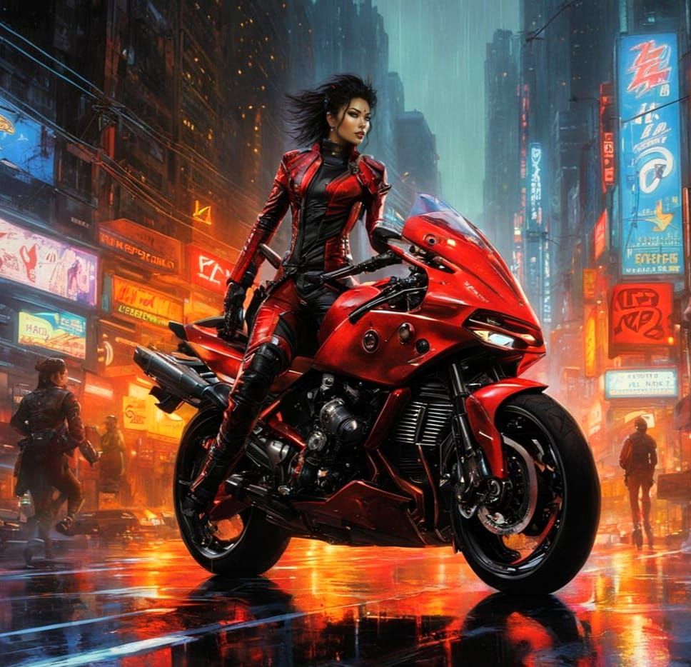 Cyberpunk Goddess Speeds Through Rainy City Streets