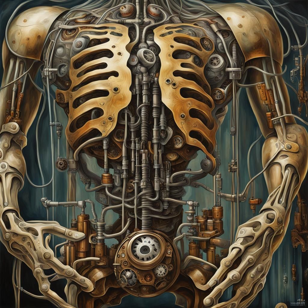 Surreal Golem Torso with Exposed Organs in Steampunk Style
