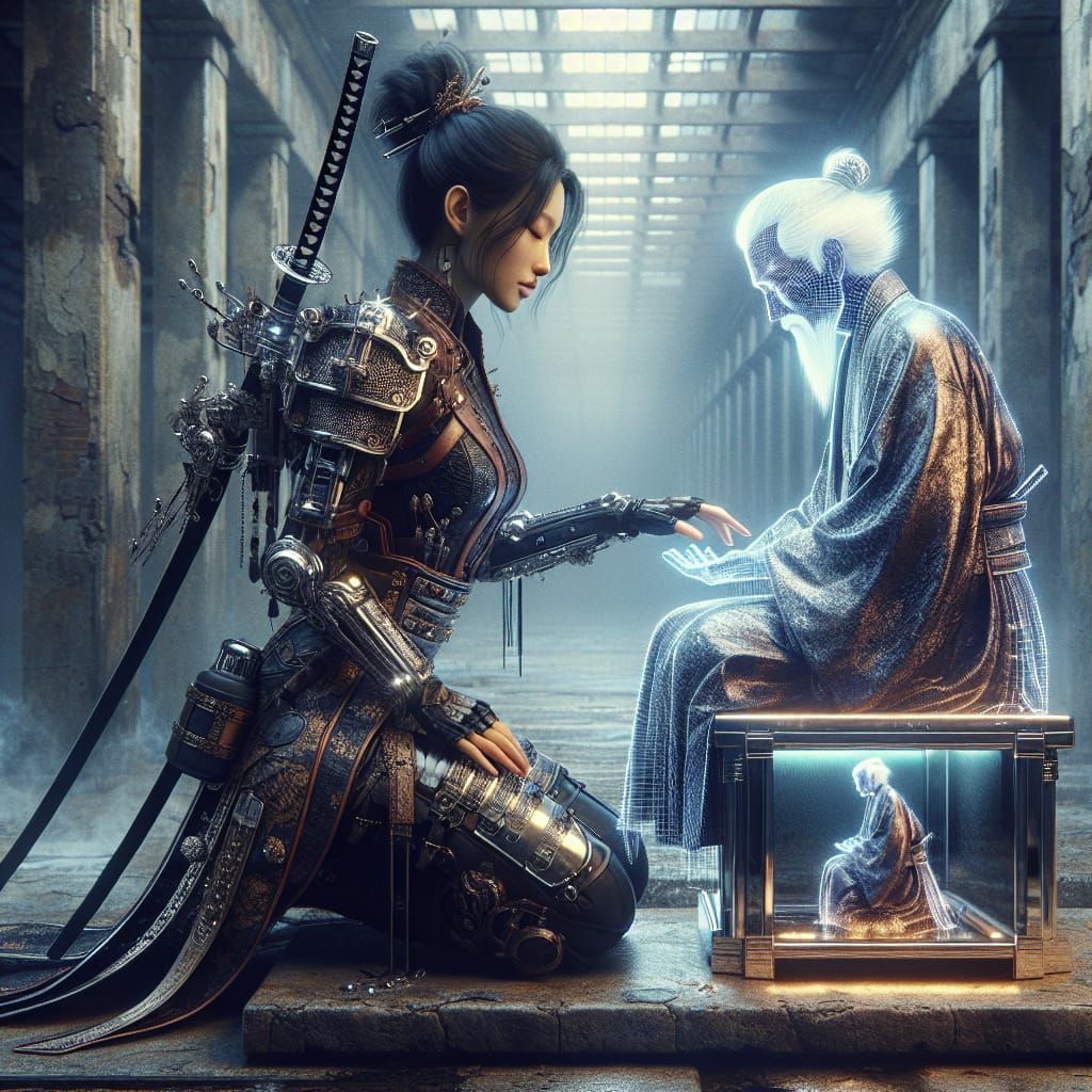 Cyberpunk Warrior Goddess Kneels Before Ancient Samurai Mast...