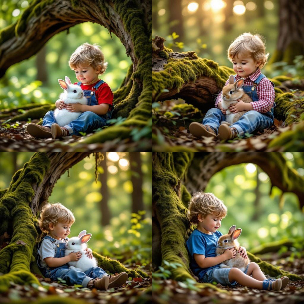 Boy With Rabbit Under Fallen Tree in Natural Light