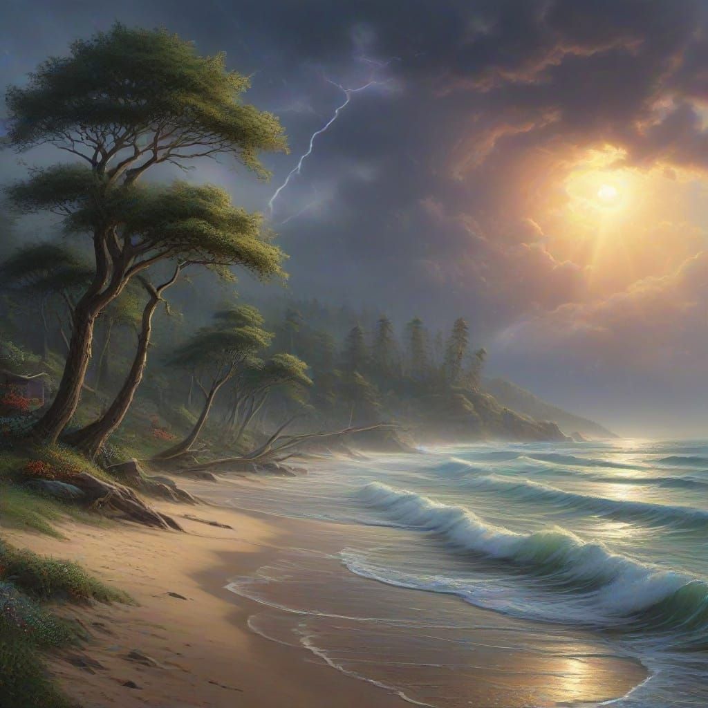 Hurricane Strikes Modern Beach with Ethereal Lightning