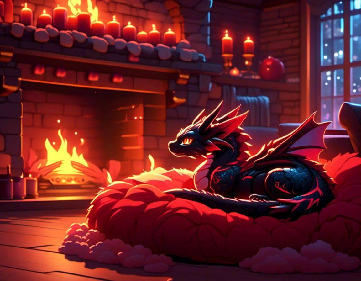 Cute chibi Red and black baby dragon eyes closed ,sleeping o...