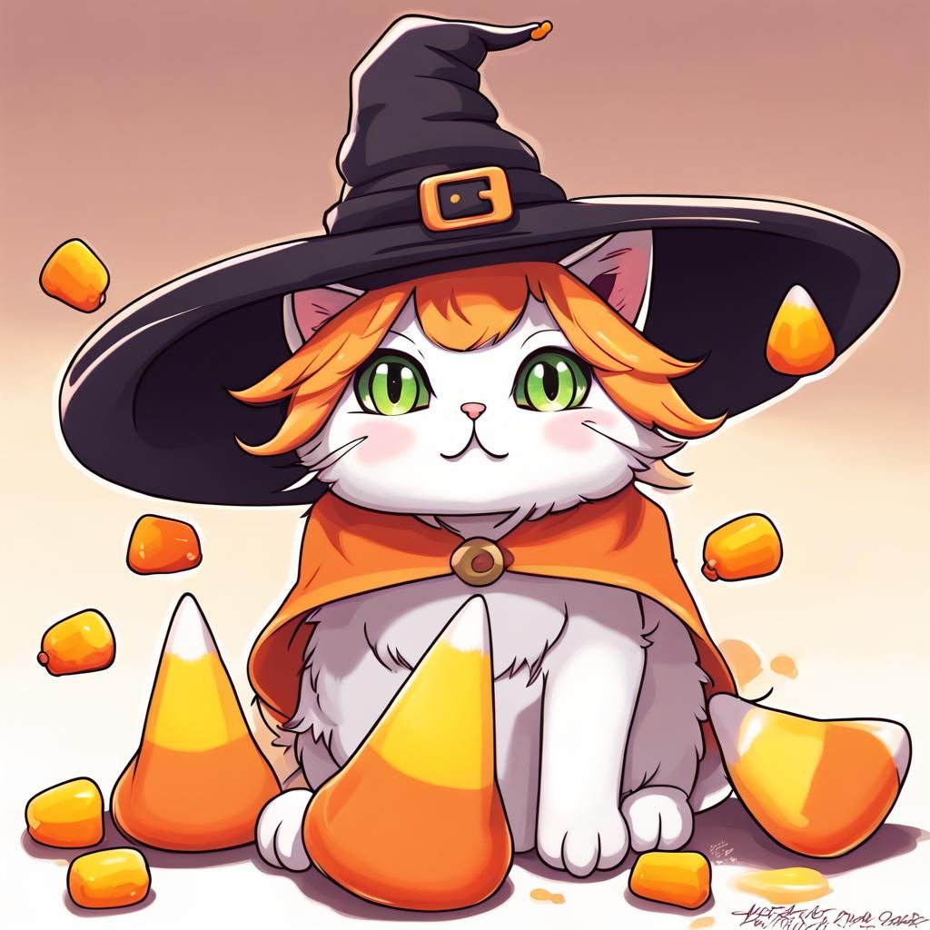 Cute Candy Corn Witch Hat Kitty in Anime Style