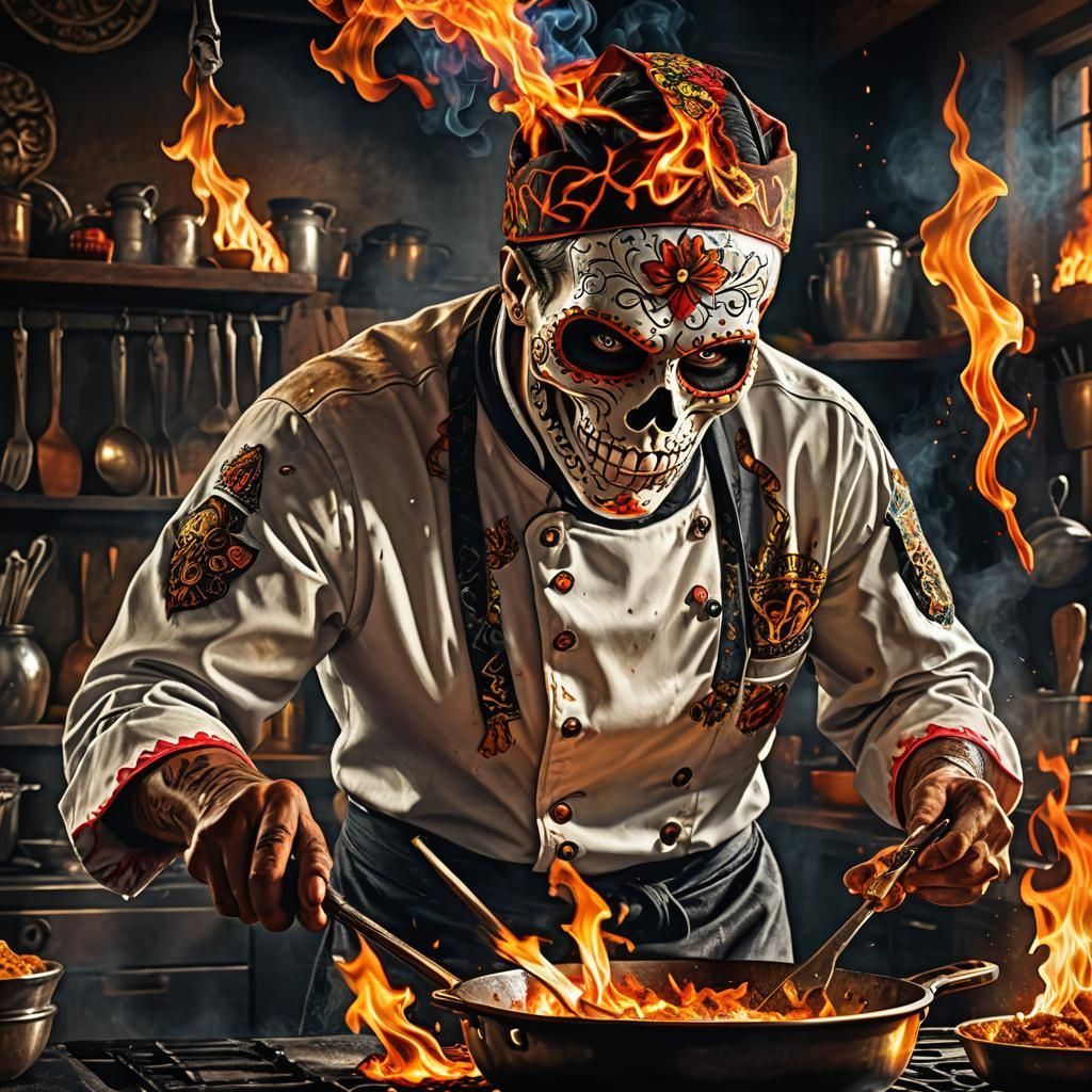 Chef with Sugar Skull Makeup Shooting Flames