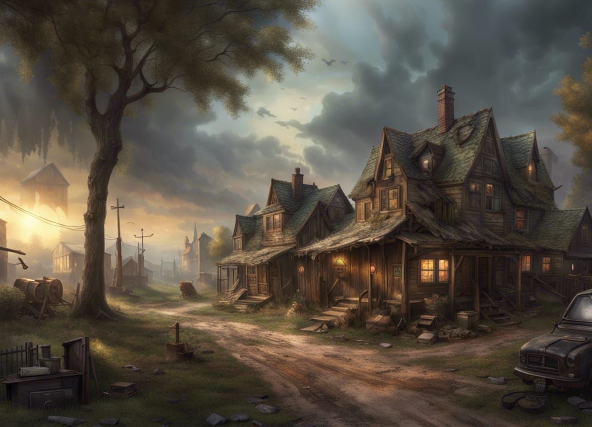Post-Apocalyptic Village in Kinkade Painting Style