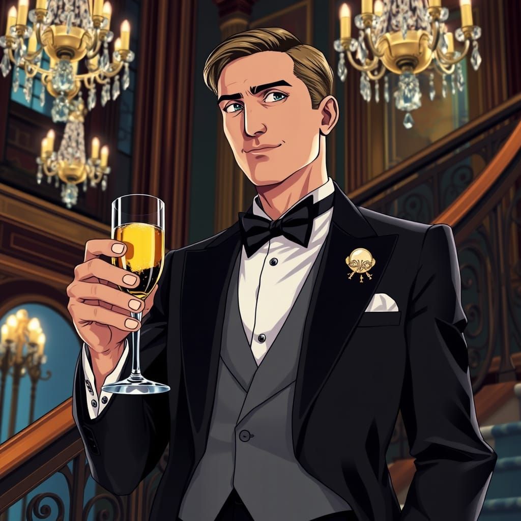Sophisticated Jay Gatsby in Art Deco Tuxedo, Champagne in Ha...