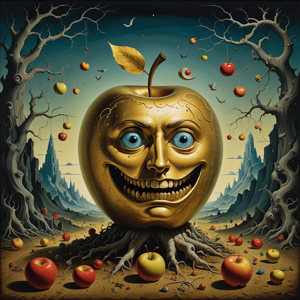 Golden Apple With 'K' Reflecting Chaos in Surreal Dada Style
