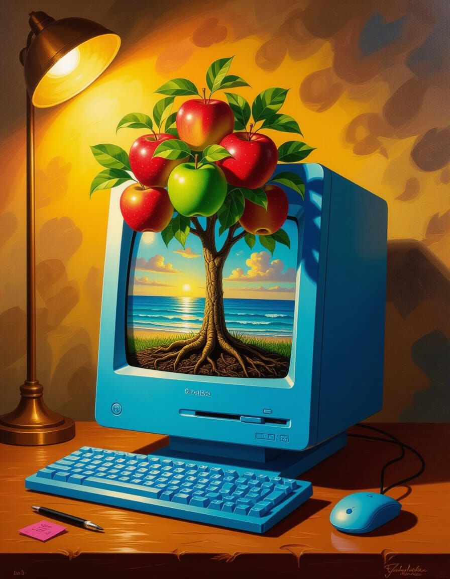 Apple Tree Growing From iMac: Oil Painting