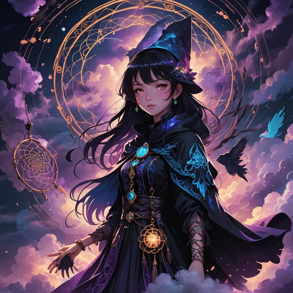 Mysterious Anime Witch in Neon Fantasy Style