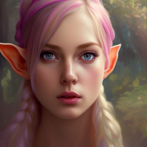 Elf Portrait with Pink Hair, Hyperdetailed Fantasy Art