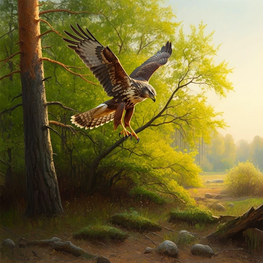 Serene Forest Scene with Descending Hawk in Warm Spring Ligh...