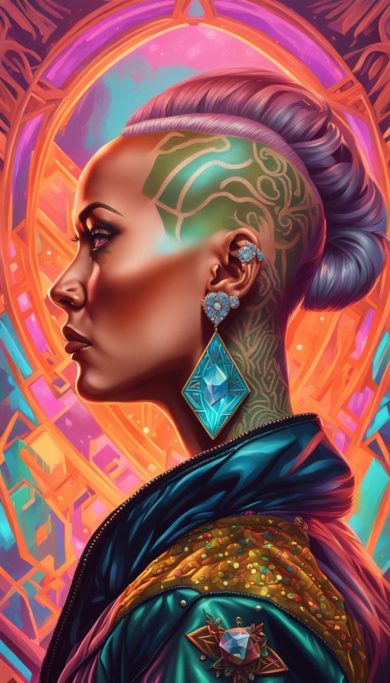 Neon Tattooed Woman in Metallic Bomber Jacket, Art Nouveau