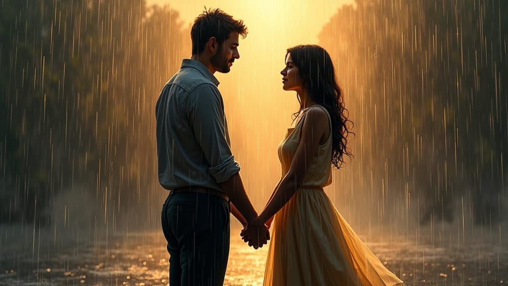 Couple's Enduring Affection in a Rainy Landscape