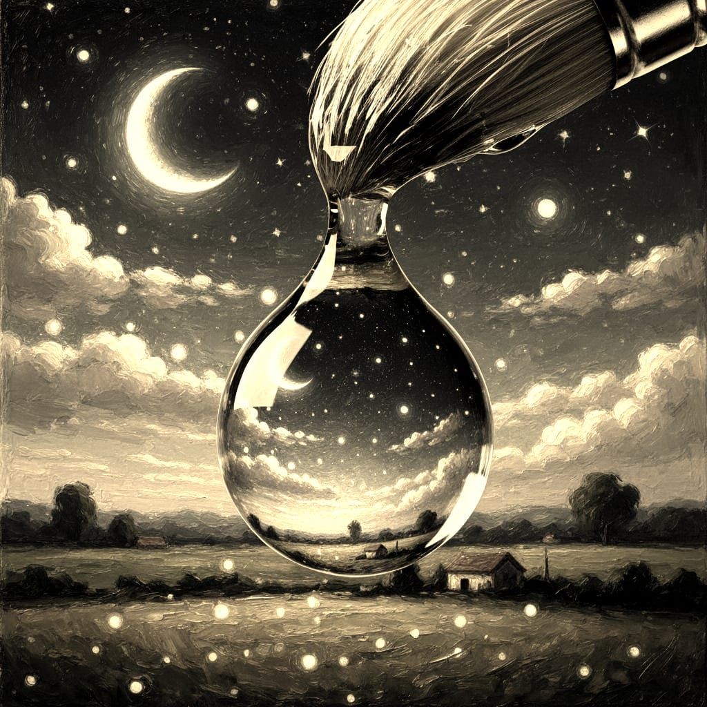 Water Drop Reflects Surreal Night Landscape Impasto Painting
