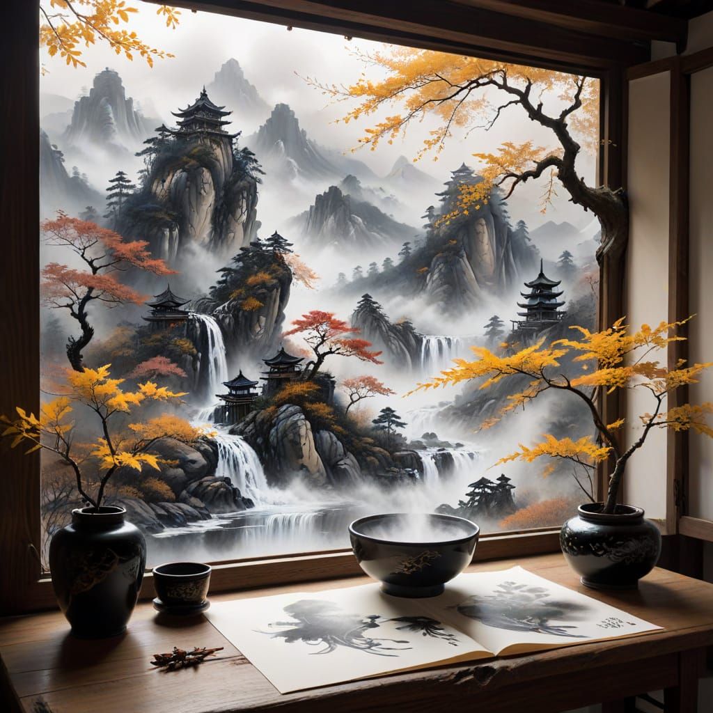 Ink Landscape Dragon Emerging From Art