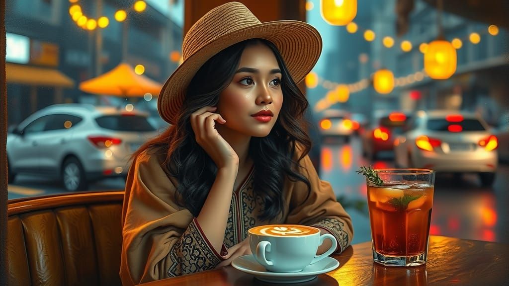 Warm Café Scene with Golden Tones and Soft Lighting