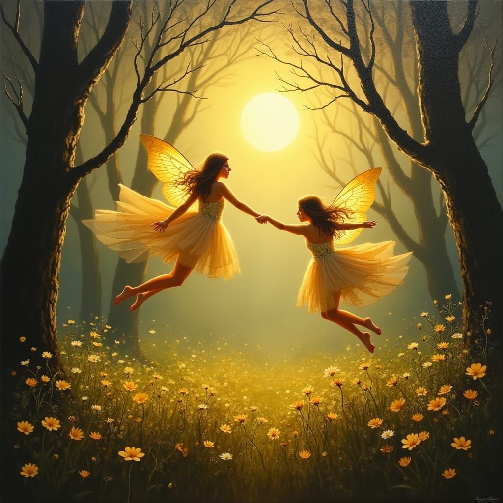 Light Fairies Dance in Golden Moonlight: Oil Painting