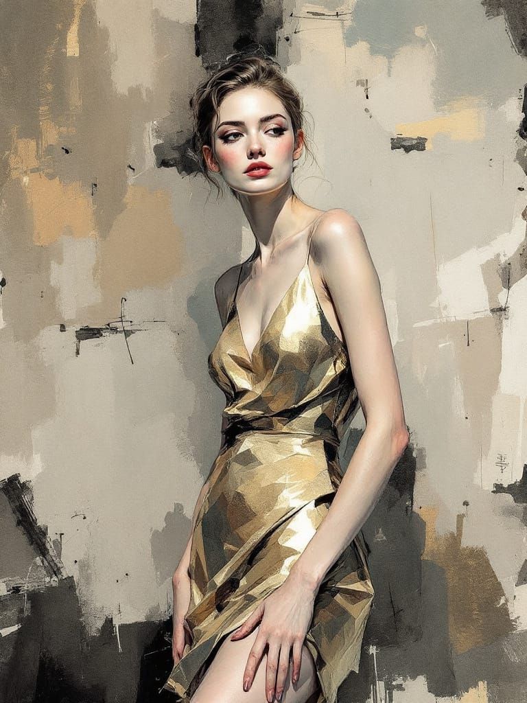 Swedish Pin-Up in Gold Dress, Impressionist & Sumi-e Style