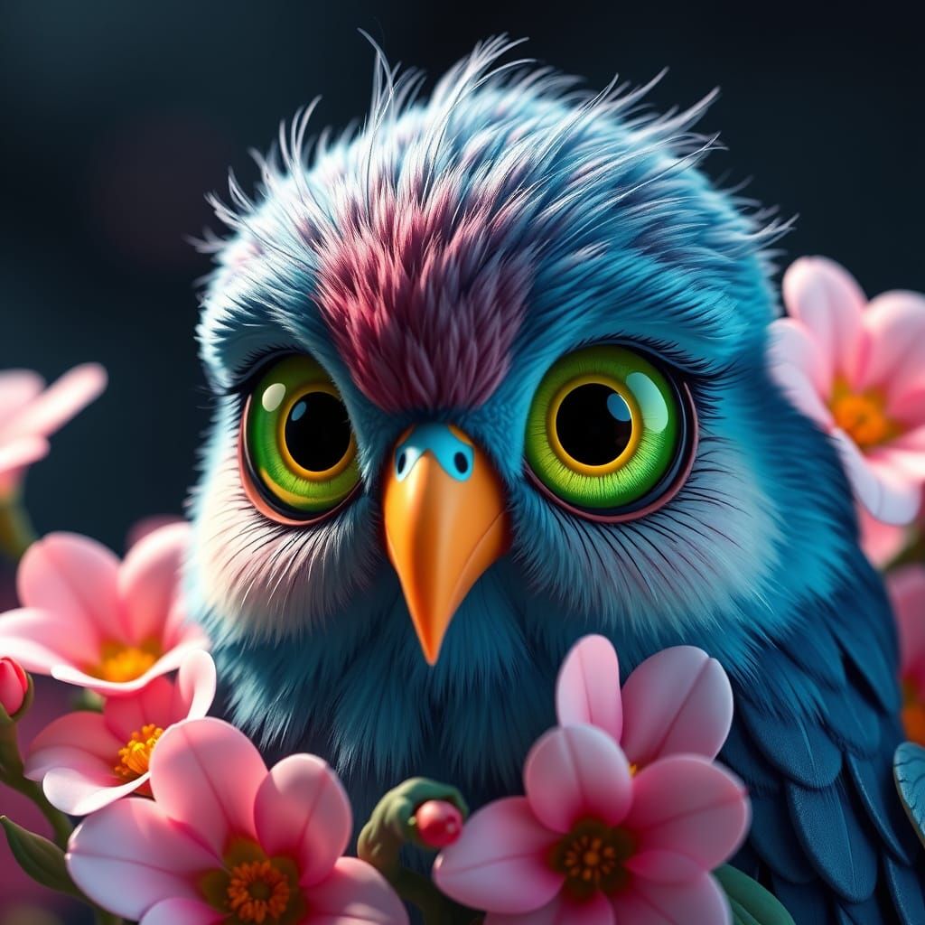 Happy 3D Bird with Vibrant Green Eyes and Pastel Colors