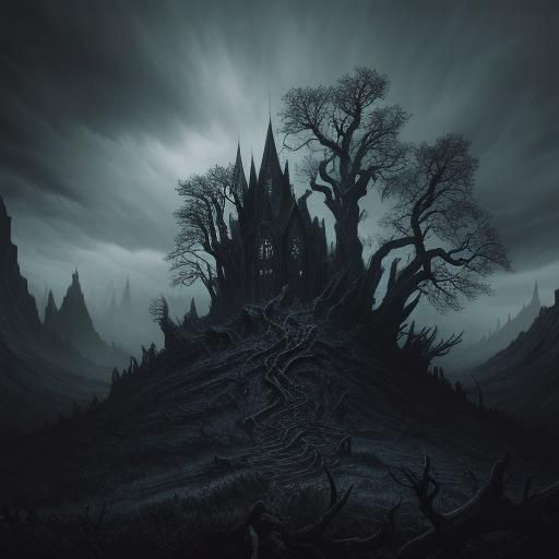 Ominous Figure in Gothic Horror Landscape