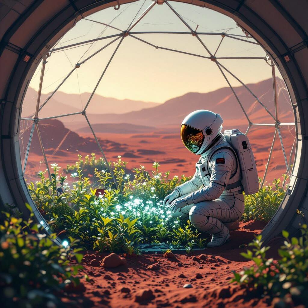 Astronaut Tends Glowing Garden Inside Mars Dome
