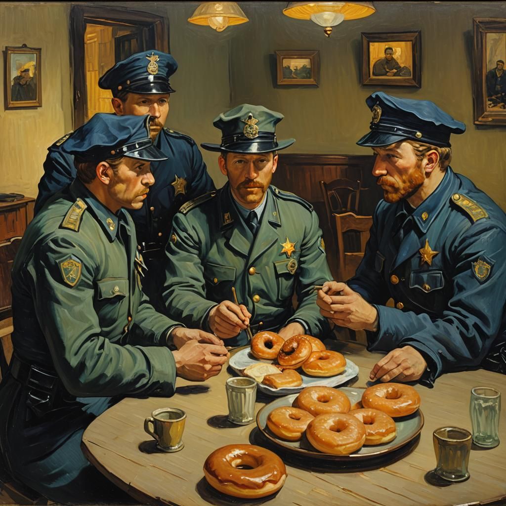 Police Officers' Donut Feast: Dutch Masters Oil Painting