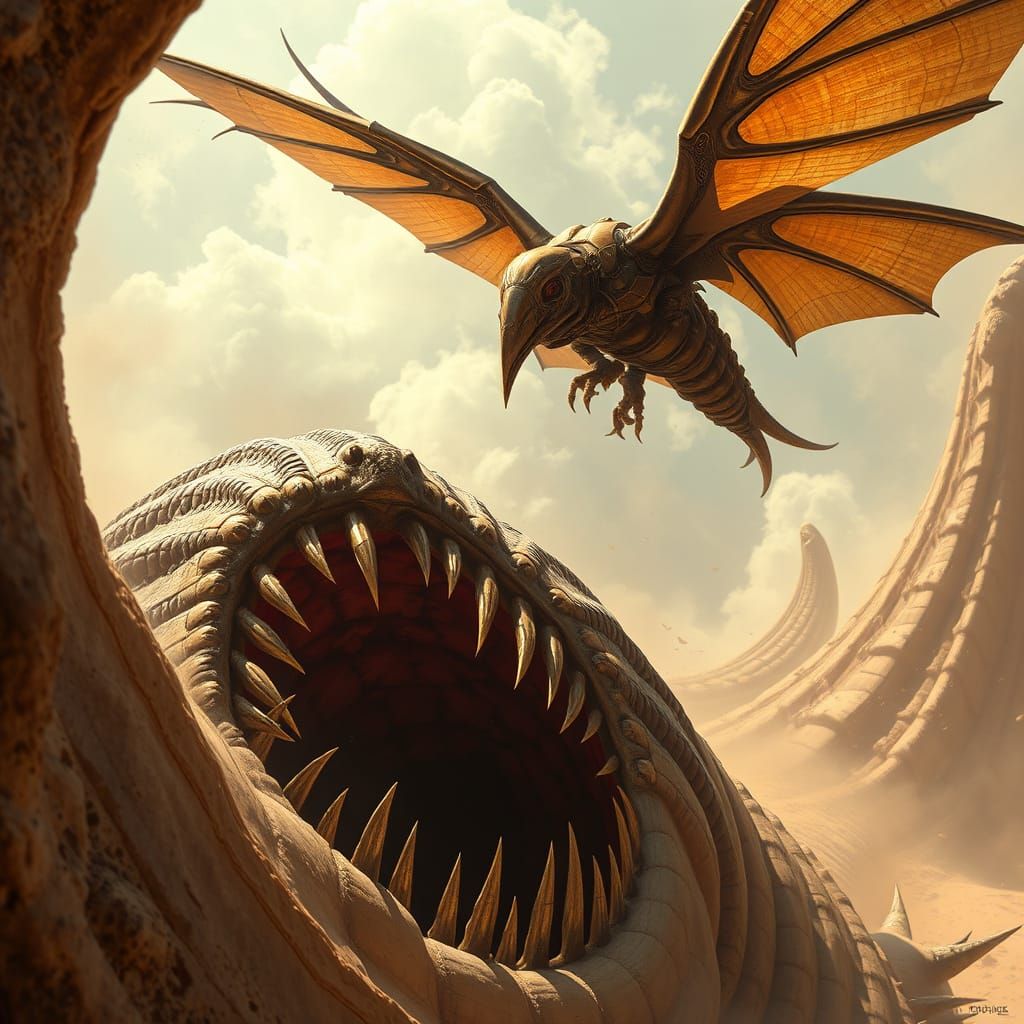 Ornithopter Confronts Sandworm: Industrial Cinematic Fantasy