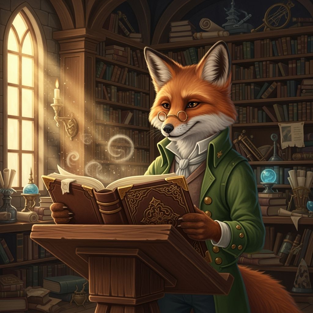 Anthropomorphic Fox Reads Ancient Tome in Magical Library