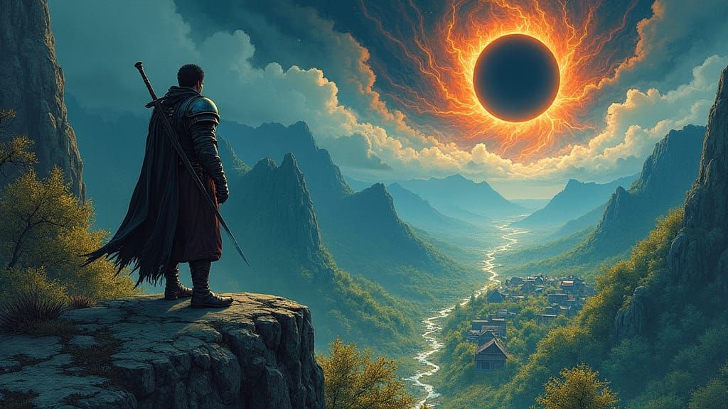 Guts Gazes at Eclipse with Distant Village