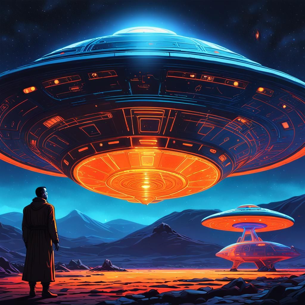 Humanoid and Flying Saucer in Surreal Concept Art