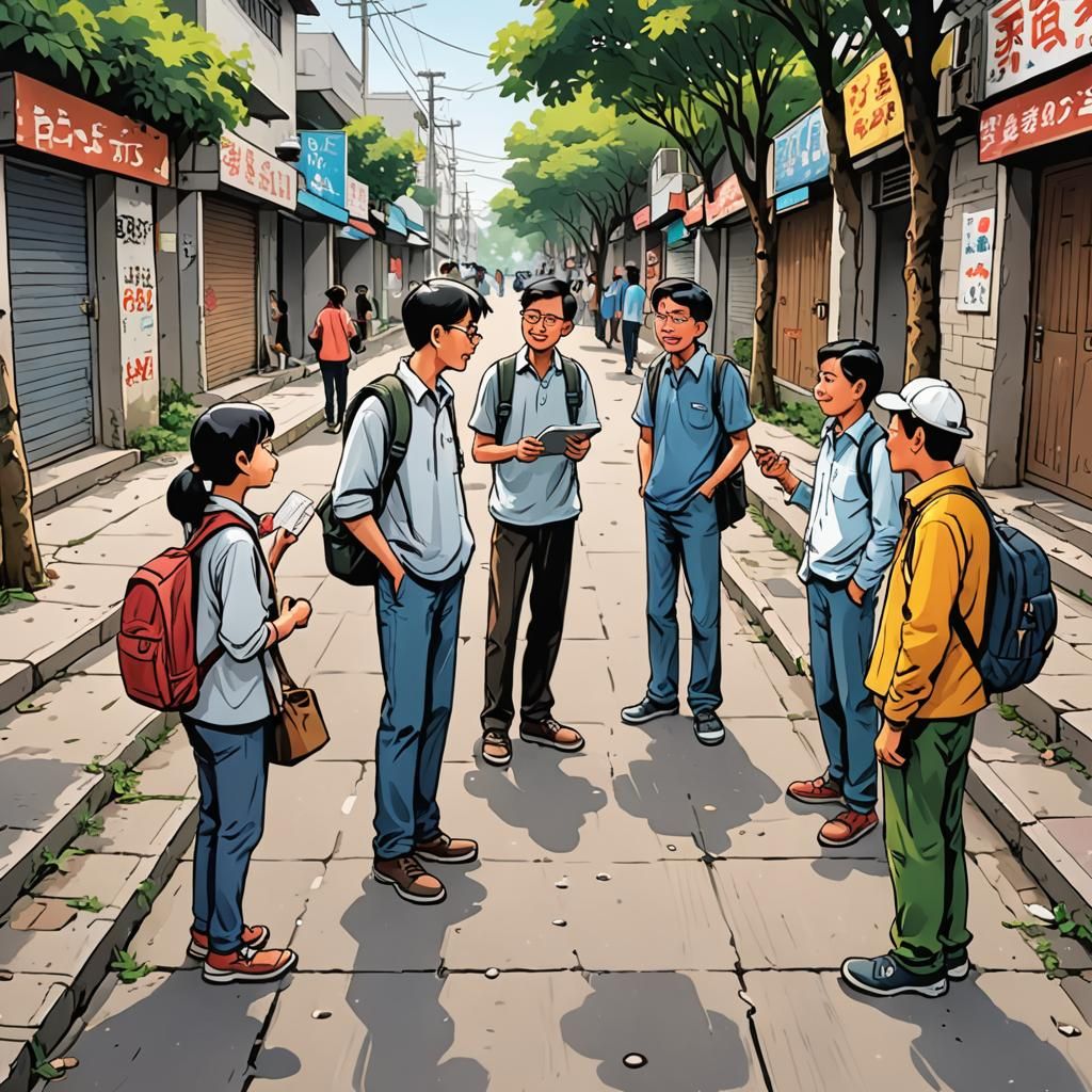 Cartoon Art: People Discussing on Footpath