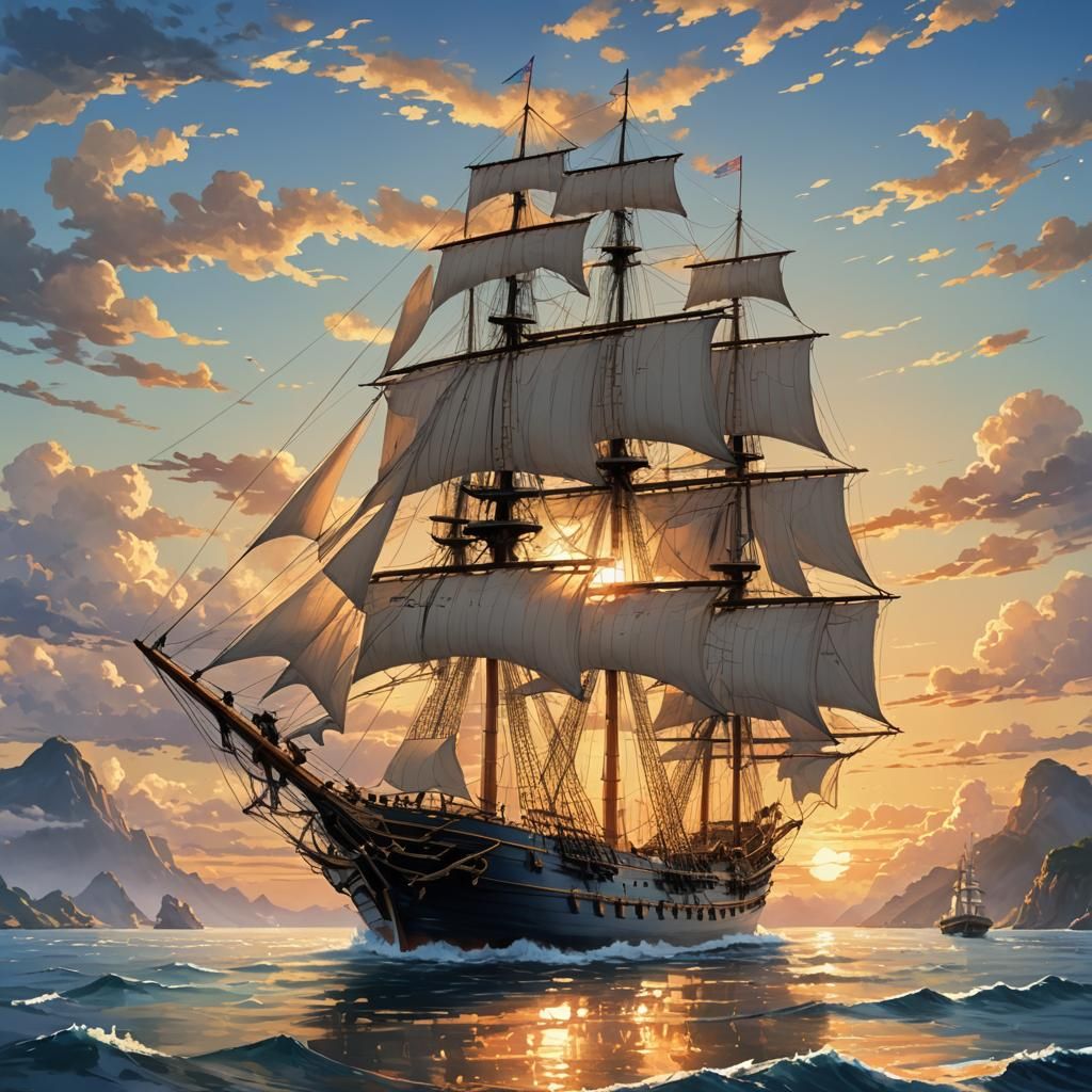 Dramatic Seascape: Three-Masted Ship at Sunrise