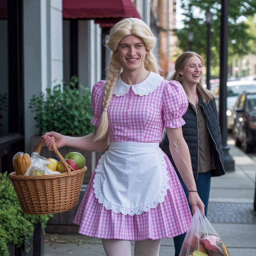 Young Man in Plaid Minidress with Groceries