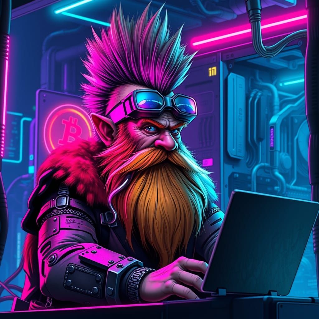 Cyberpunk Dwarf Mines Bitcoin Amidst Neon Glow