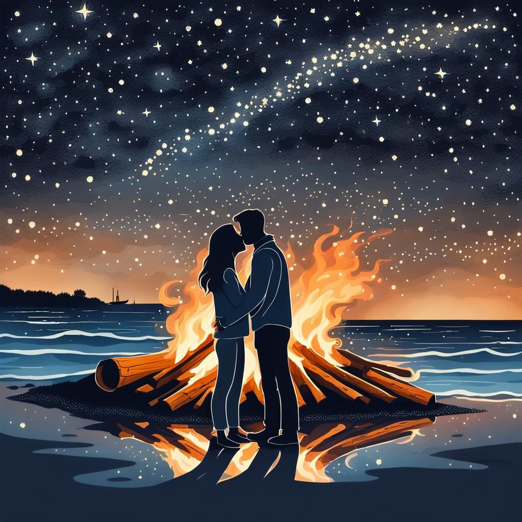 Romantic Beach Kiss Under Starry Night Sky