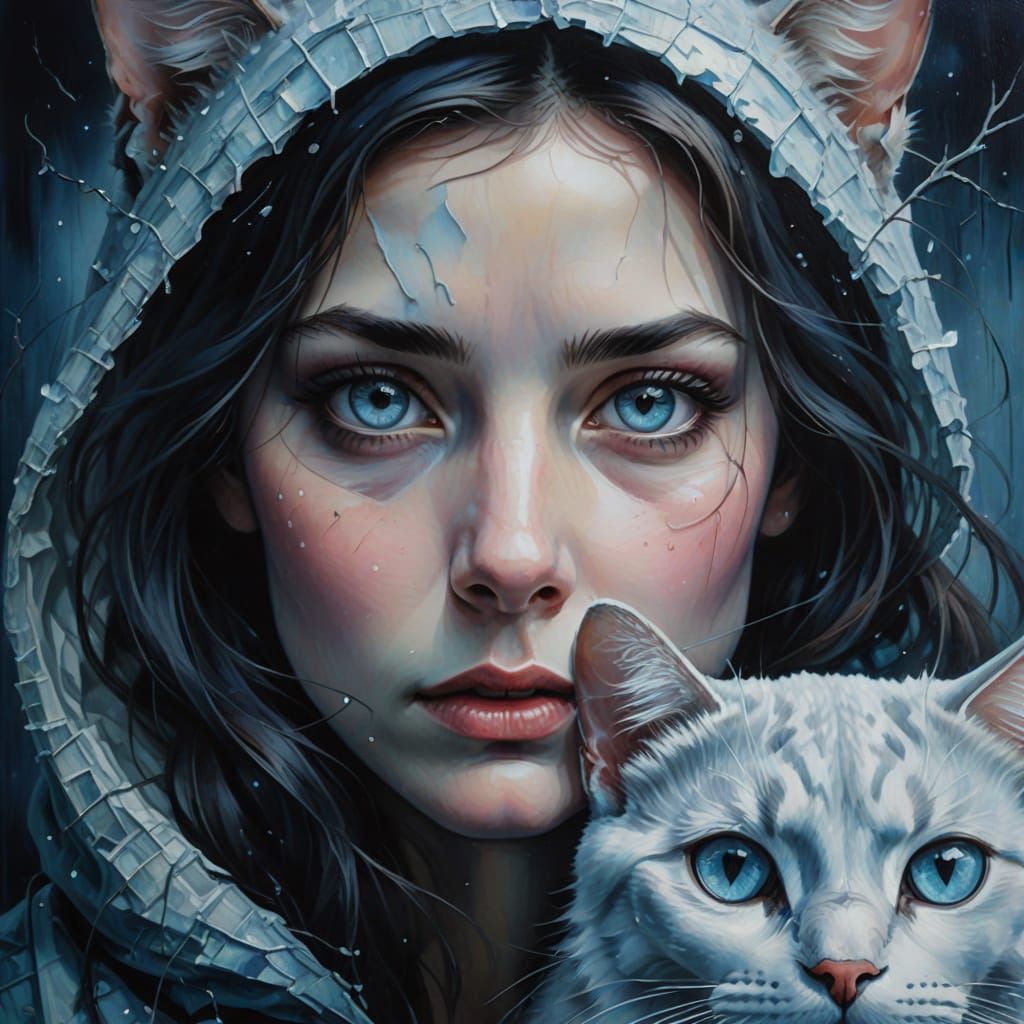 Surreal Woman with Cat Eyes in Oil Painting